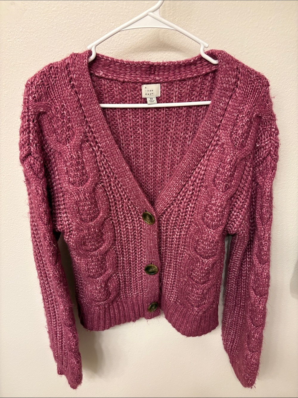 a new day Fuschia Cable V-Neck Button Cardigan